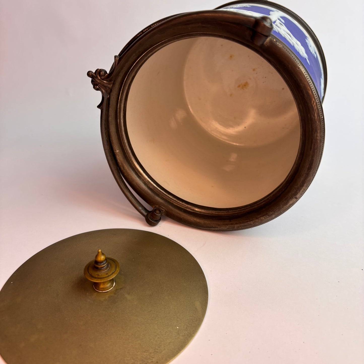 Antique Blue Jasperware Biscuit Barrel with Silver-Plated Mounts  England, c. 1890–1910