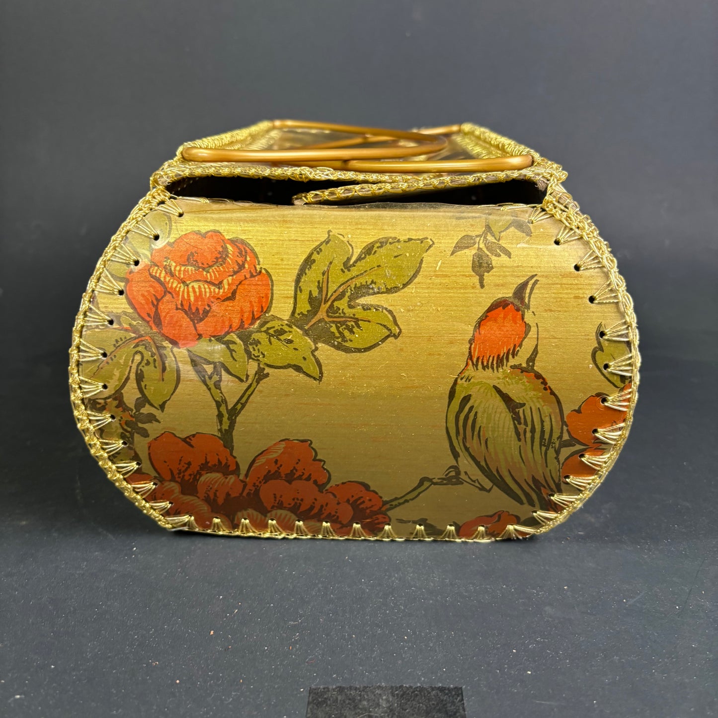 Vintage Woolwork Wool Basket with Bird & Floral Motif