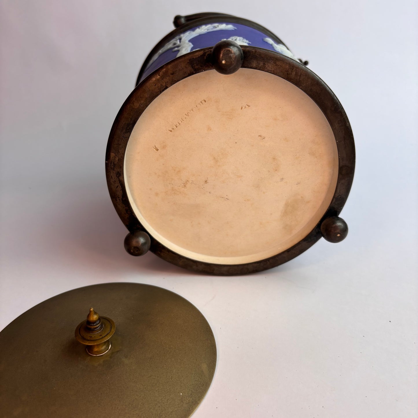 Antique Blue Jasperware Biscuit Barrel with Silver-Plated Mounts  England, c. 1890–1910