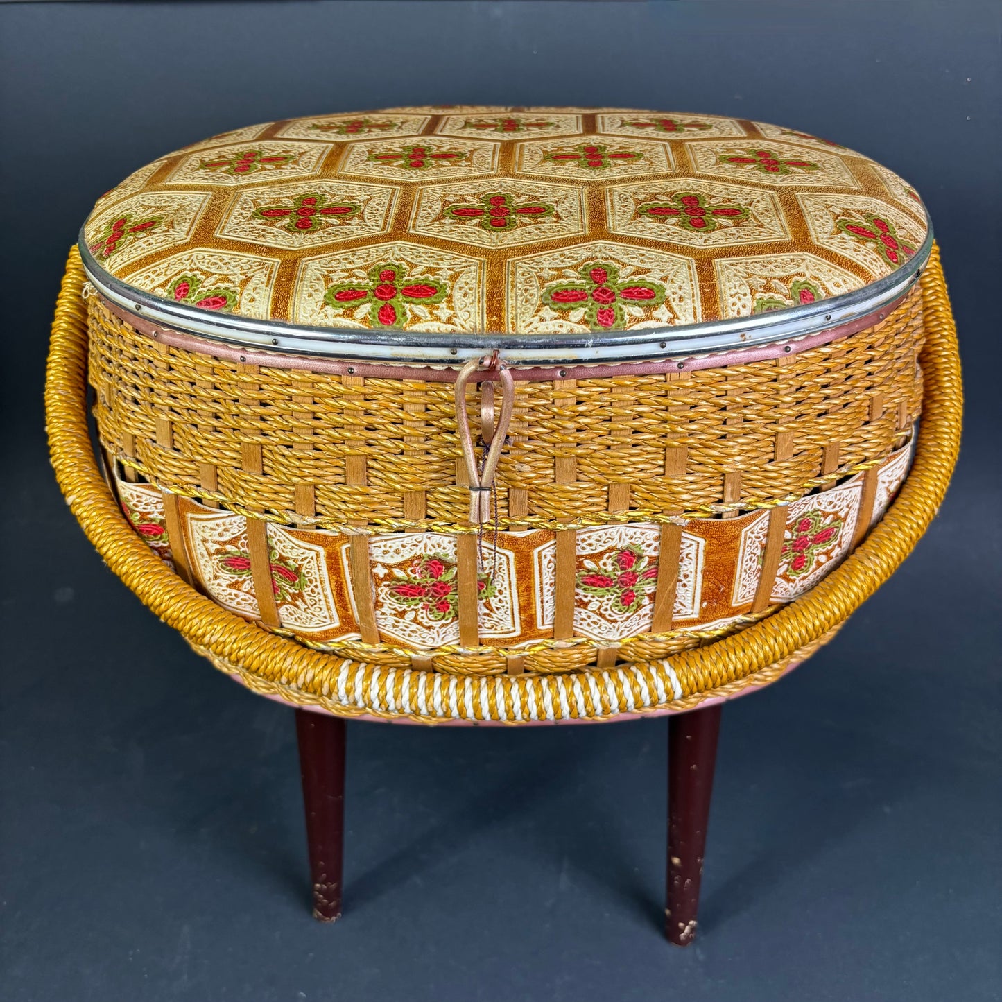 Vintage Sputnik Sewing Basket on Legs with Lift Lid Interior Tray
