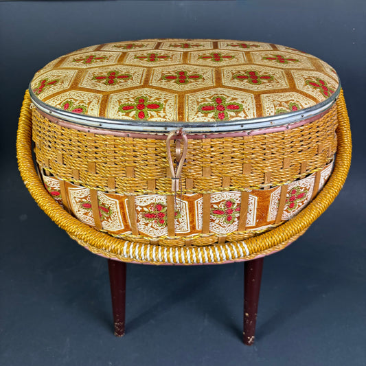 Vintage Sputnik Sewing Basket on Legs with Lift Lid Interior Tray