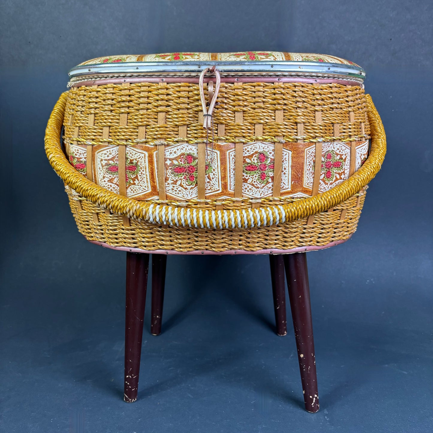 Vintage Sputnik Sewing Basket on Legs with Lift Lid Interior Tray
