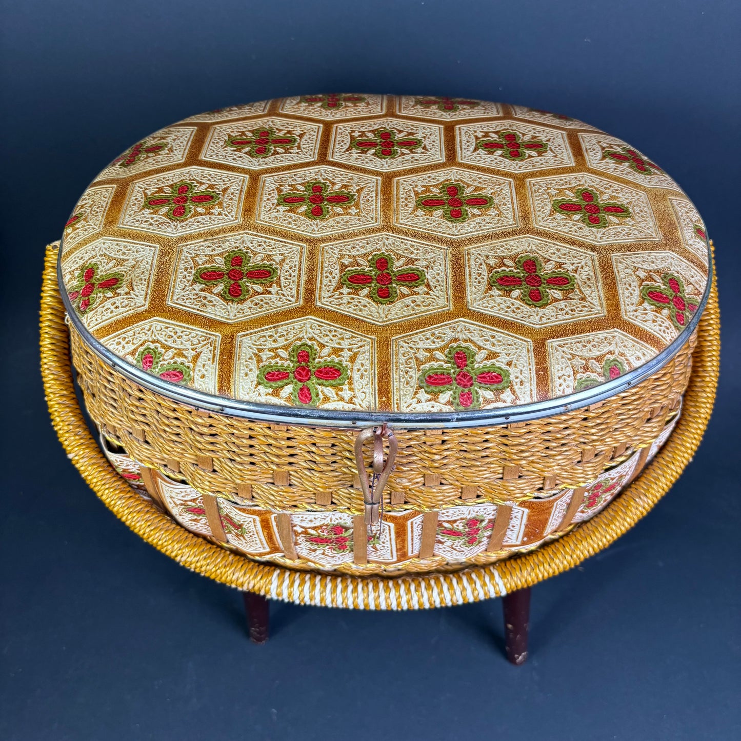 Vintage Sputnik Sewing Basket on Legs with Lift Lid Interior Tray
