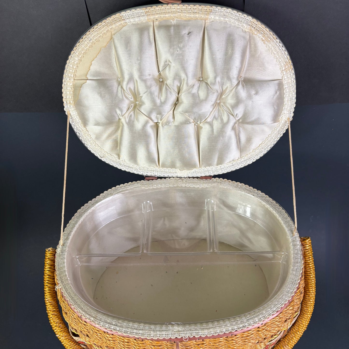 Vintage Sputnik Sewing Basket on Legs with Lift Lid Interior Tray
