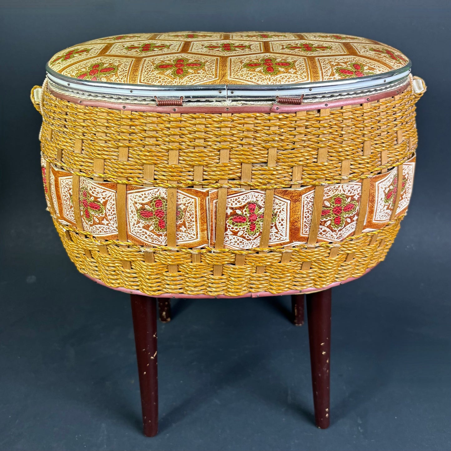 Vintage Sputnik Sewing Basket on Legs with Lift Lid Interior Tray