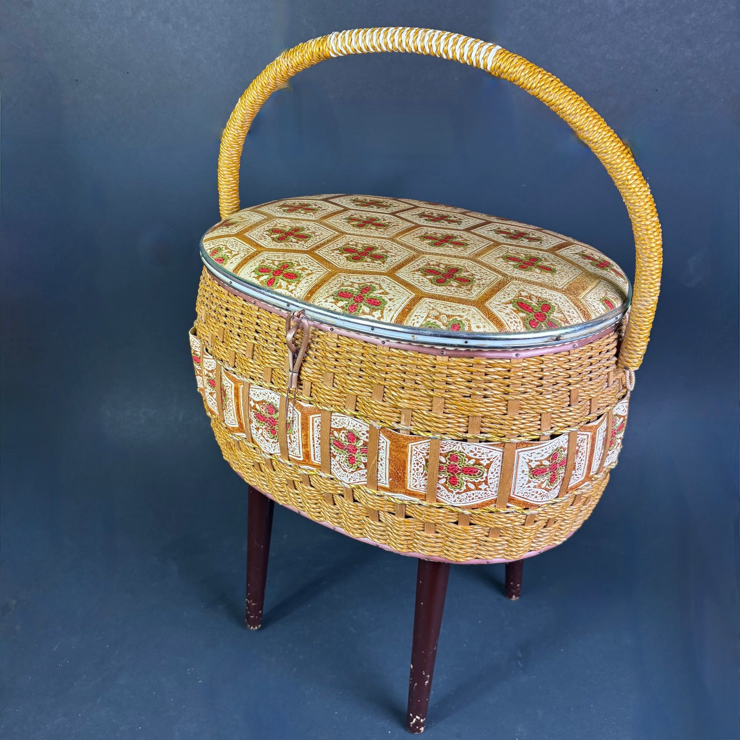 Vintage Sputnik Sewing Basket on Legs with Lift Lid Interior Tray