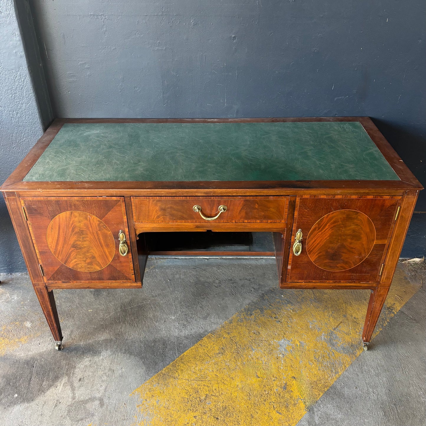 Edwardian Inlaid Mahogany Writing Desk with Green Leather Top