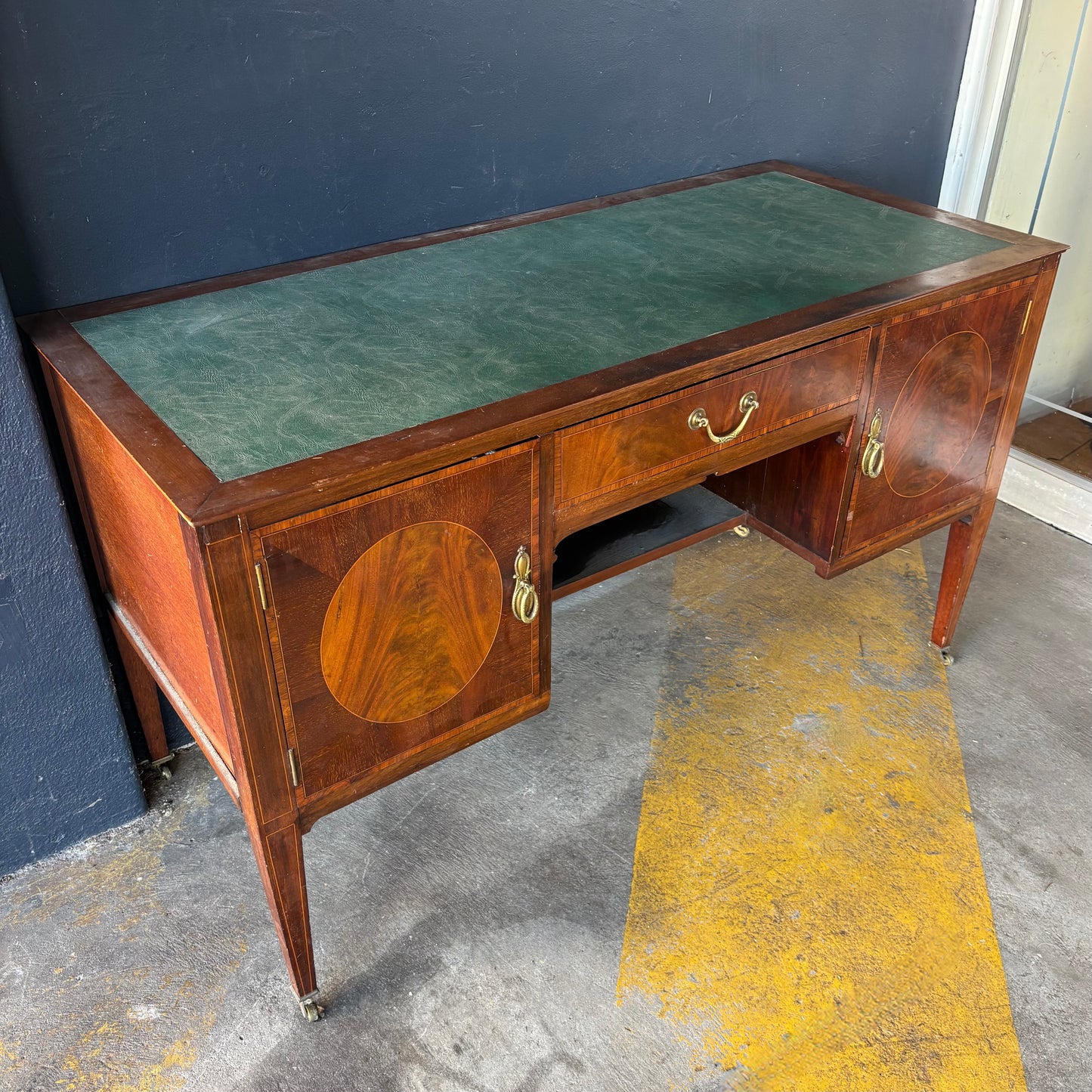 Edwardian Inlaid Mahogany Writing Desk with Green Leather Top