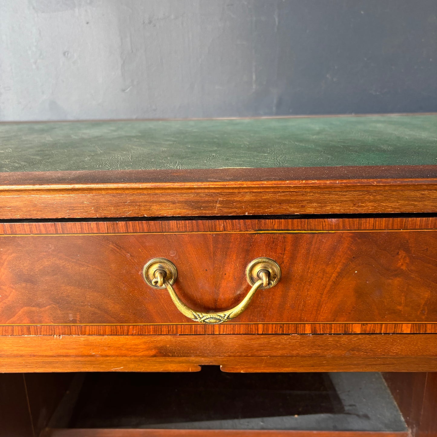 Edwardian Inlaid Mahogany Writing Desk with Green Leather Top