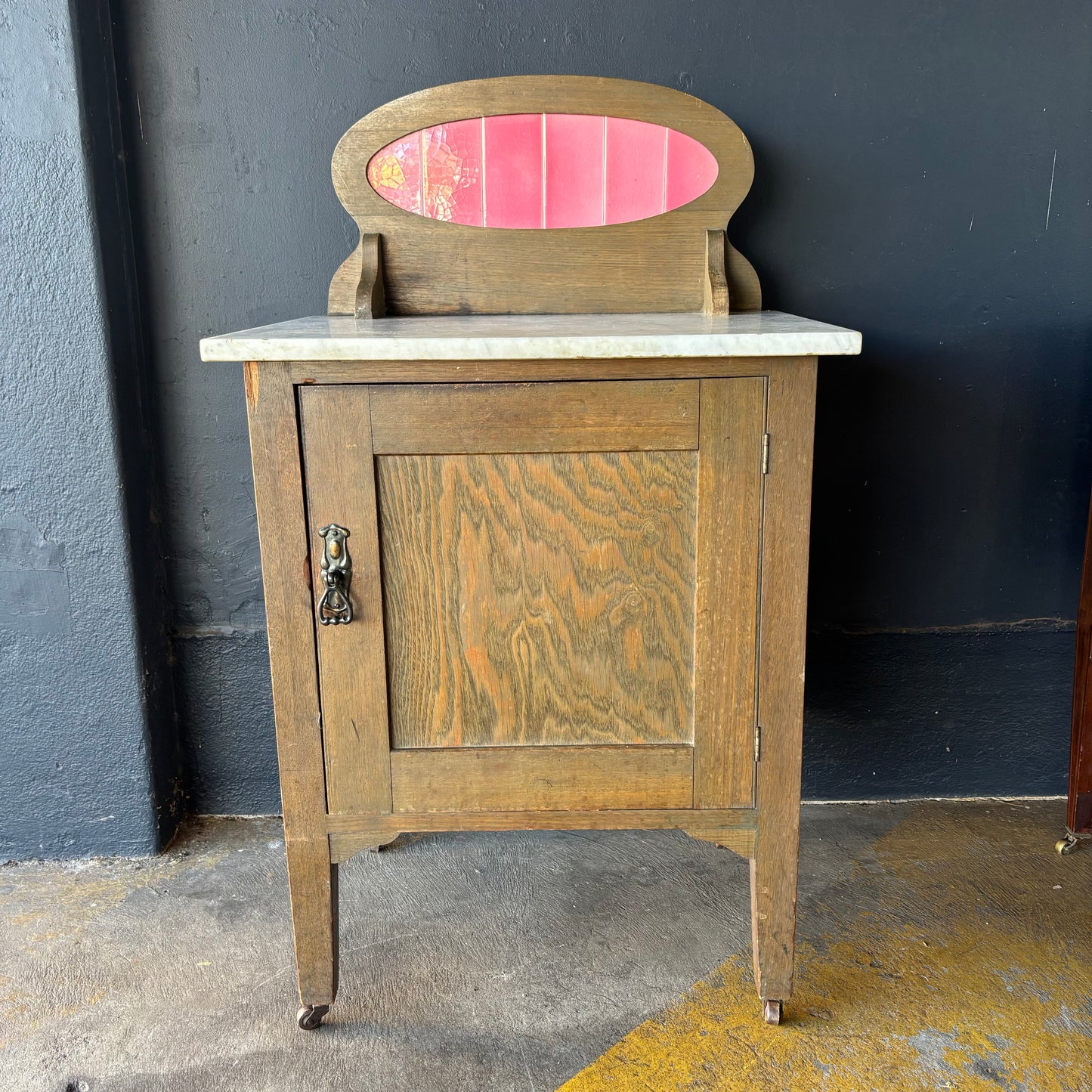 Antique Marble Top Washstand with Pink Tile Splashback on Castors