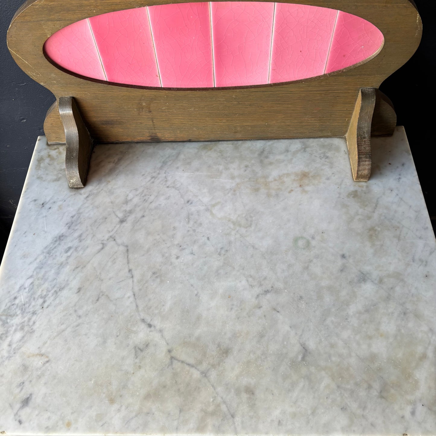 Antique Marble Top Washstand with Pink Tile Splashback on Castors