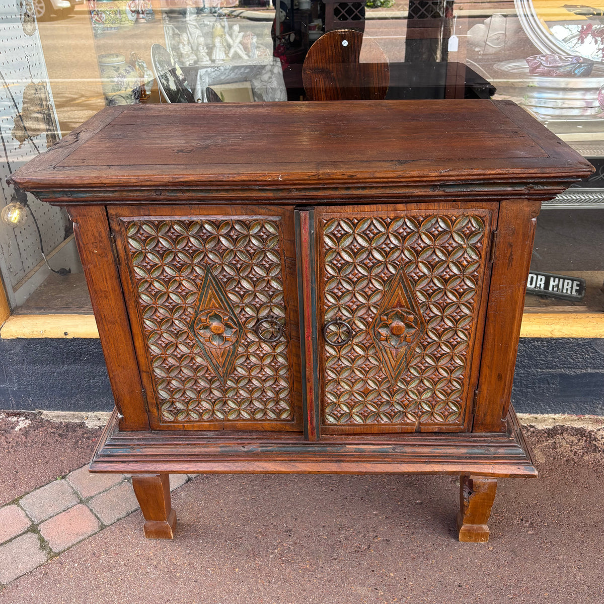 Indonesian Carved Teak Two-Door Side Cabinet