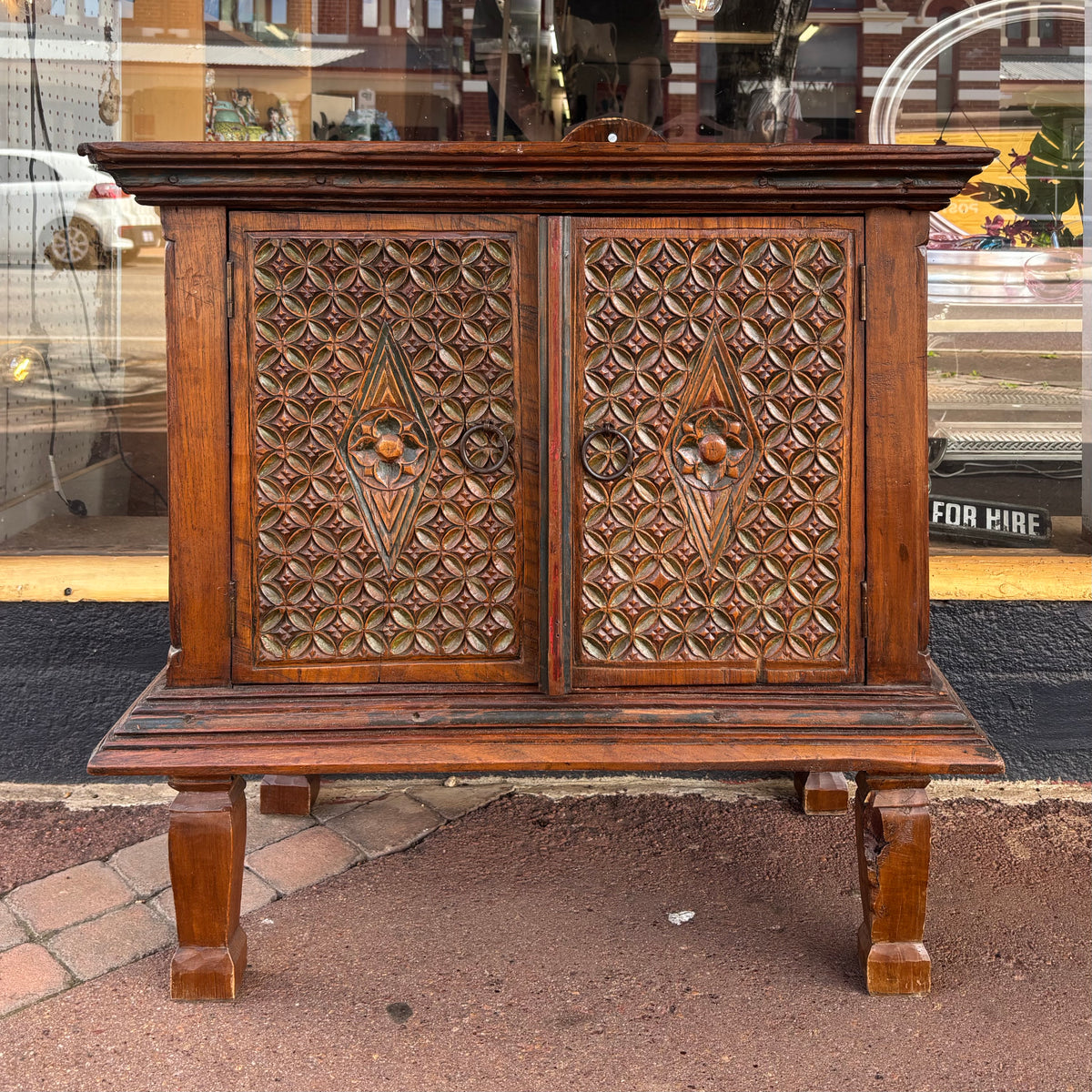 Indonesian Carved Teak Two-Door Side Cabinet