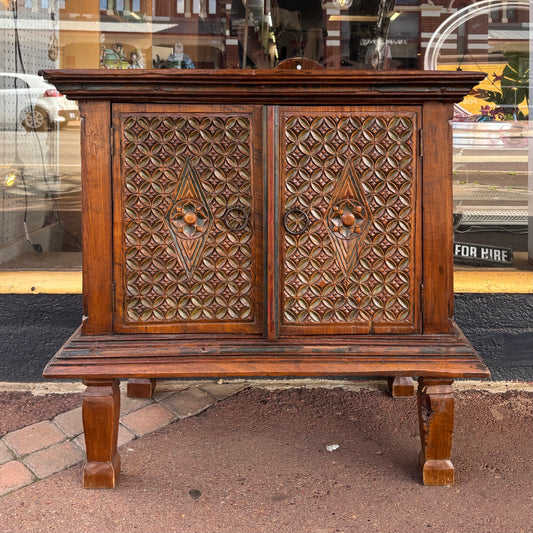 Indonesian Carved Teak Two-Door Side Cabinet