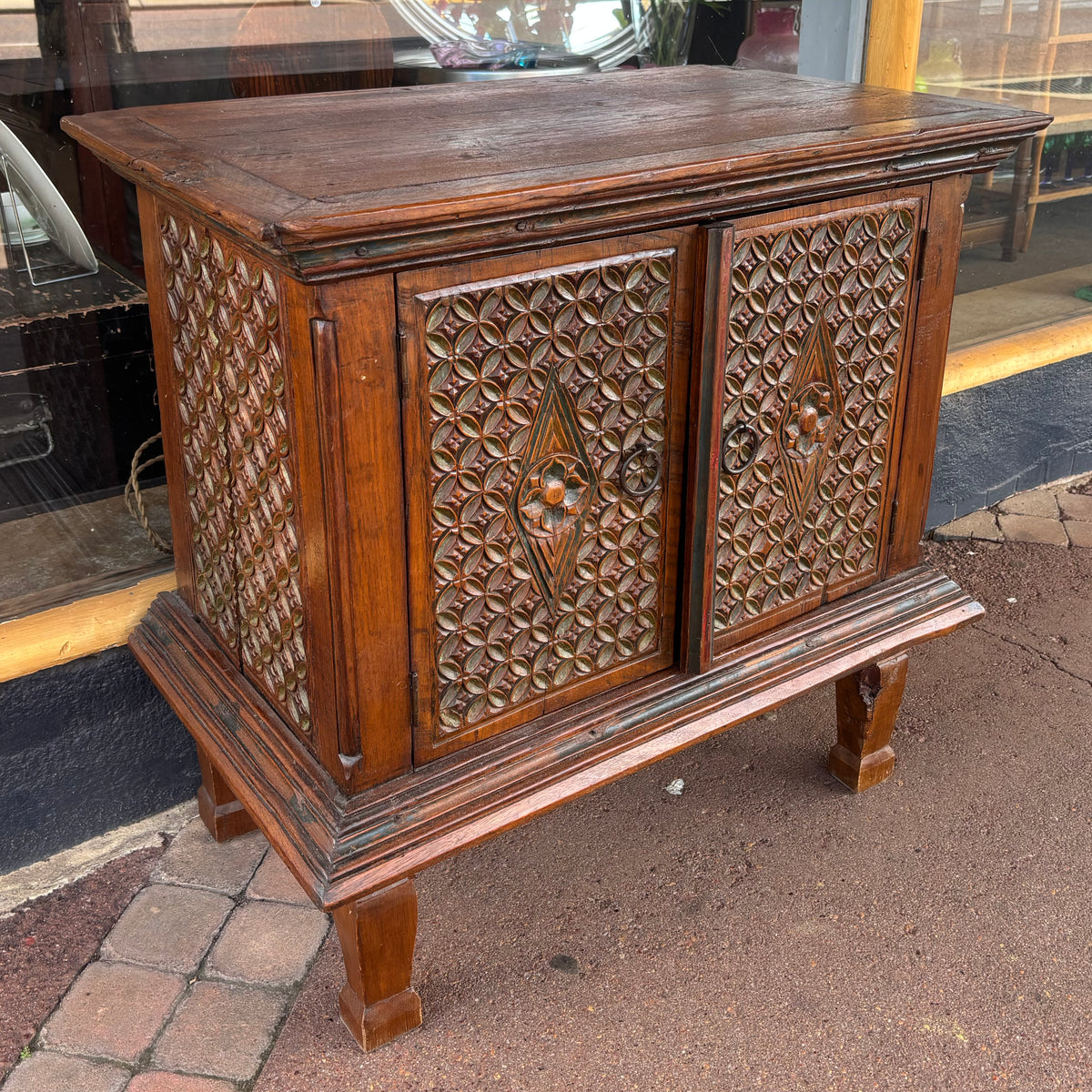 Indonesian Carved Teak Two-Door Side Cabinet