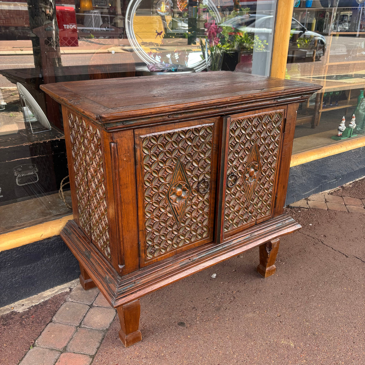 Indonesian Carved Teak Two-Door Side Cabinet
