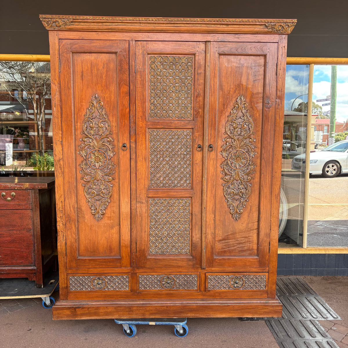 Indonesian Carved Teak Three-Door Wardrobe