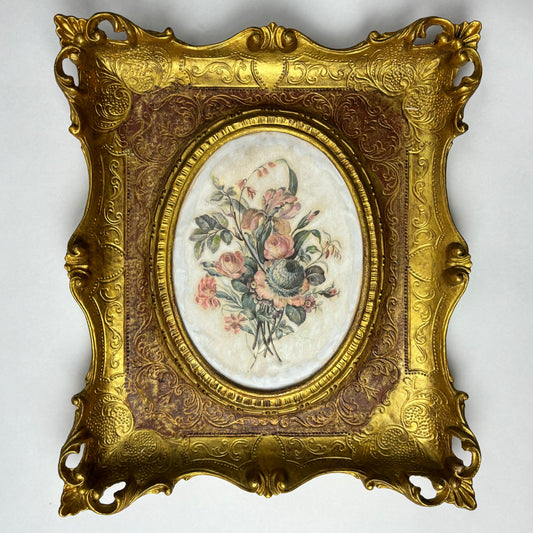 Vintage Italian silk work in an ornate gilt frame