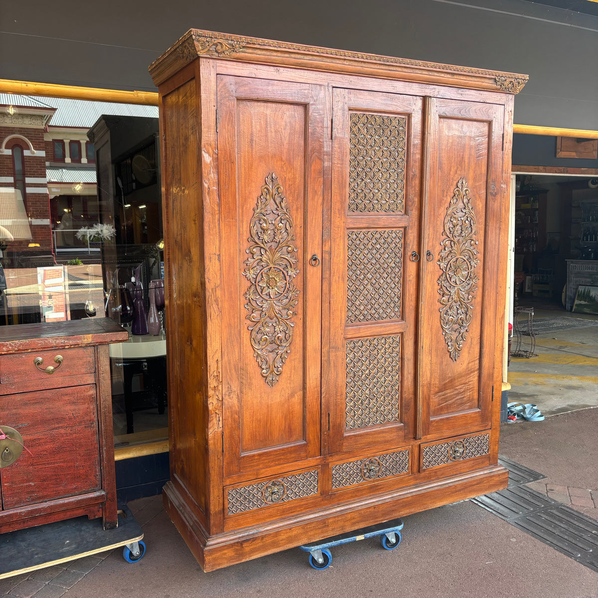 Indonesian Carved Teak Three-Door Wardrobe