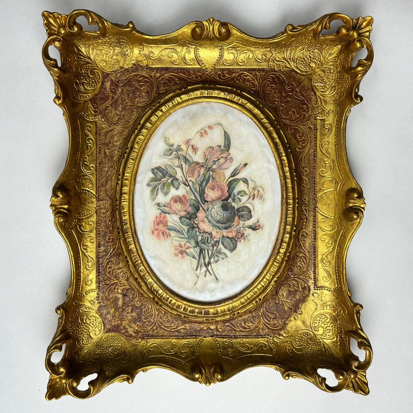 Vintage Italian Gilt Frame Floral Silk Picture – Ornate Rococo Style 42cm