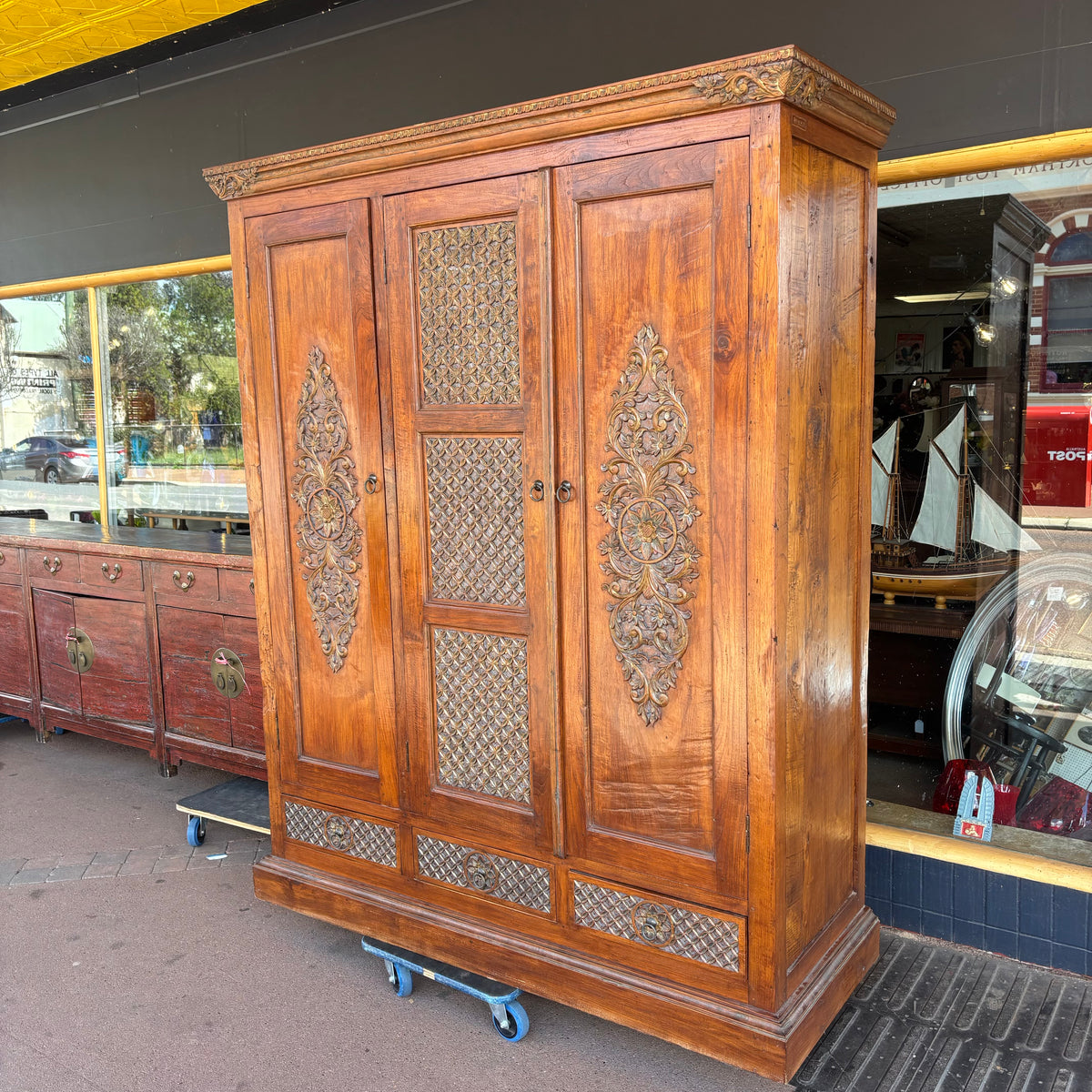 Indonesian Carved Teak Three-Door Wardrobe