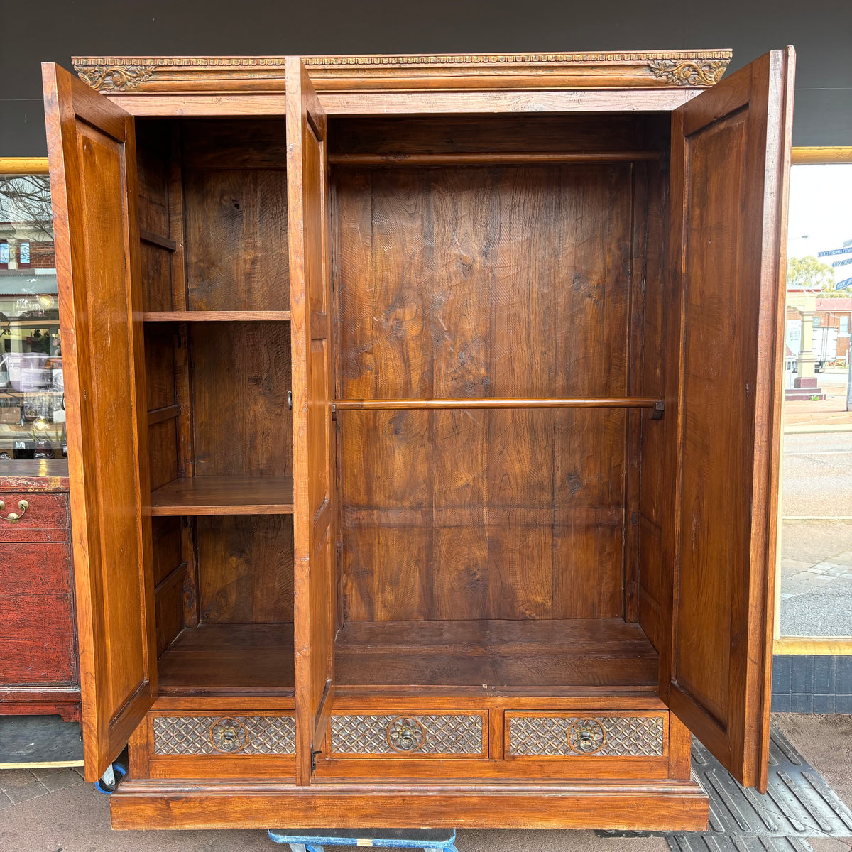 Indonesian Carved Teak Three-Door Wardrobe