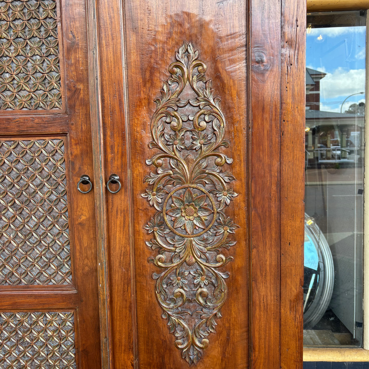 Indonesian Carved Teak Three-Door Wardrobe