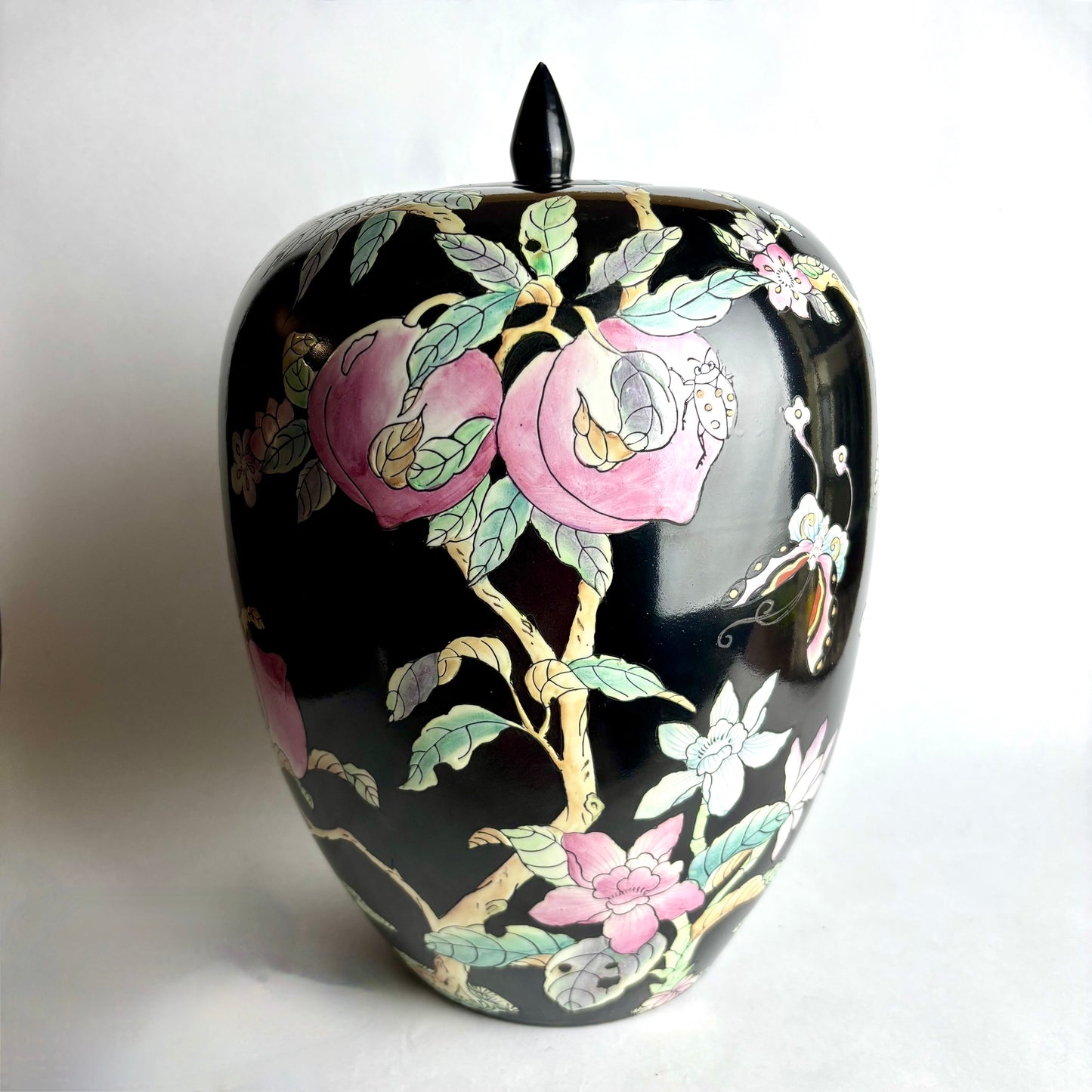 Vintage Japanese Lidded Jar – Peaches, Blossoms & Butterflies – 40cm