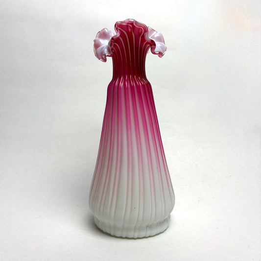Antique Victorian Pink Ribbed Satin Glass Vase with a Ruffled Rim