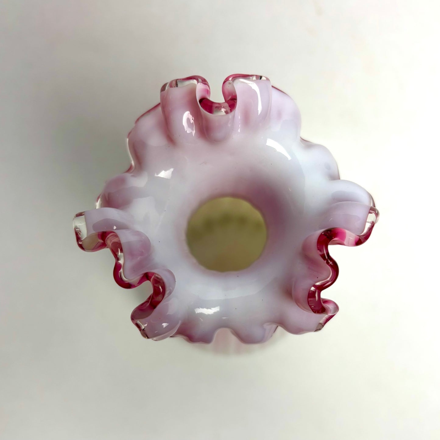 Antique Victorian Pink Ribbed Satin Glass Vase with a Ruffled Rim