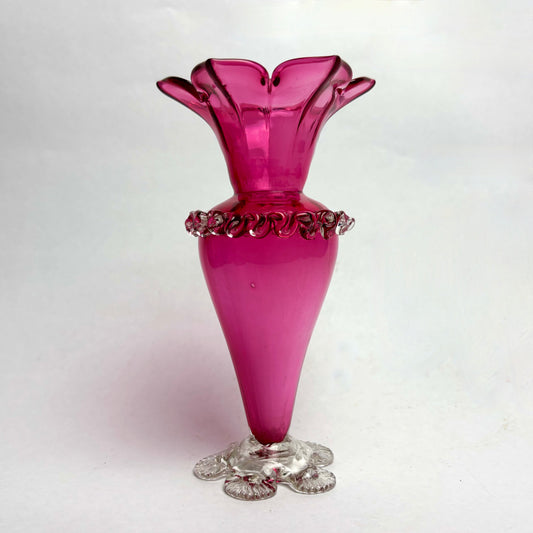 Victorian Cranberry Glass Crimped Ruffled Rim Base Vase