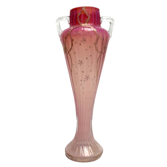 Antique Victorian Hand Blown Pink Glass Vase with Coralene Texture