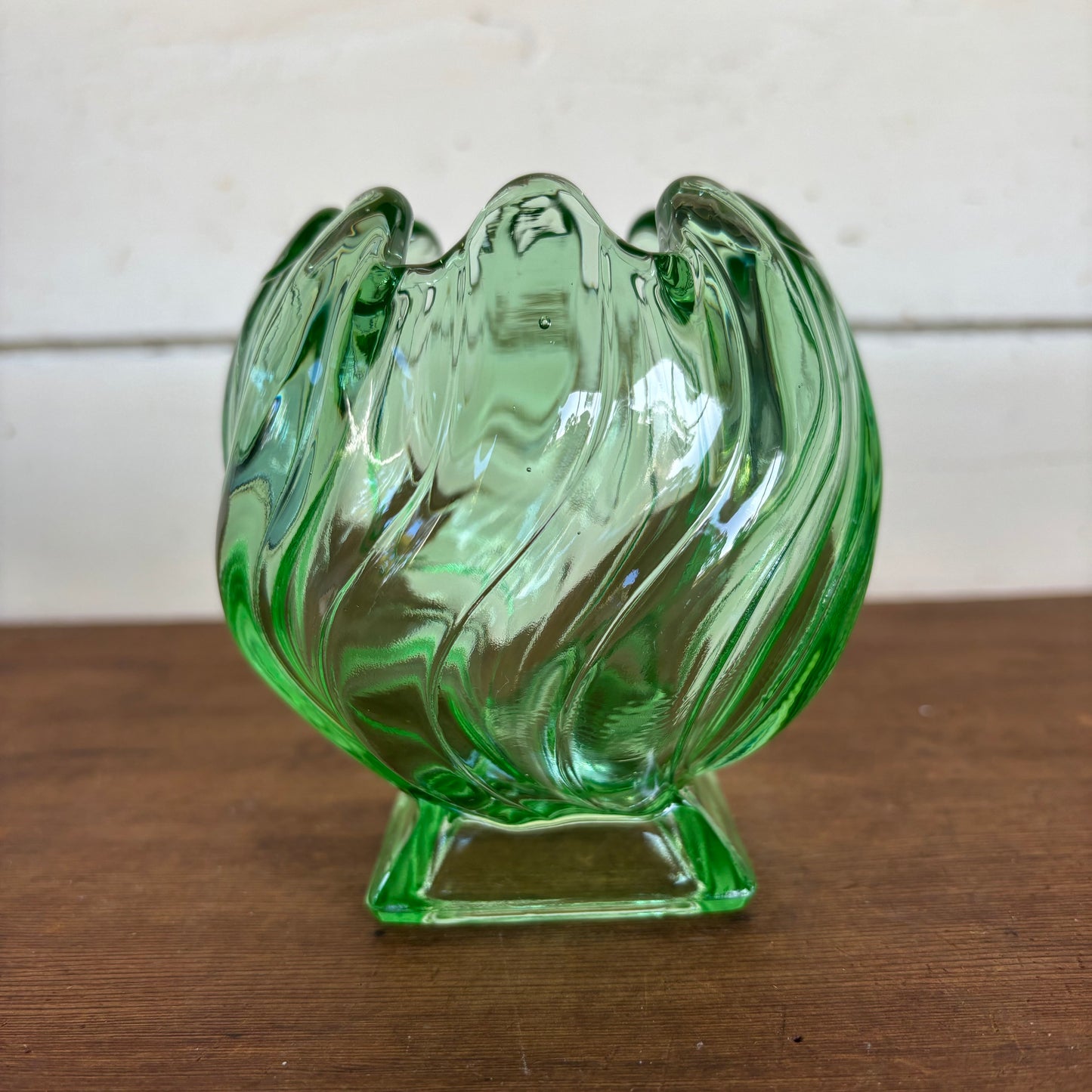 Uranium Glass Vase – Scalloped Rim on Square Foot (c.1930s)