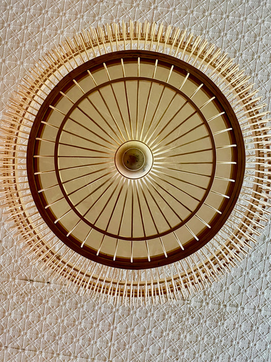XXL Asian pendant light shade with fabric diffuser in natural timber