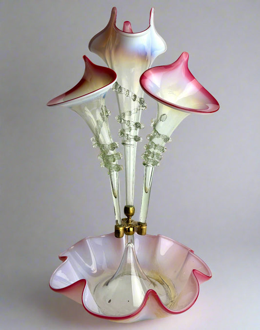 Victorian Glass Epergne – Cranberry & Opalescent, 47cm (As Is)