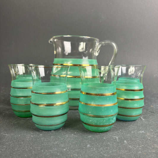 Vintage Mid Century Frosted Green & Gold Lemonade Set