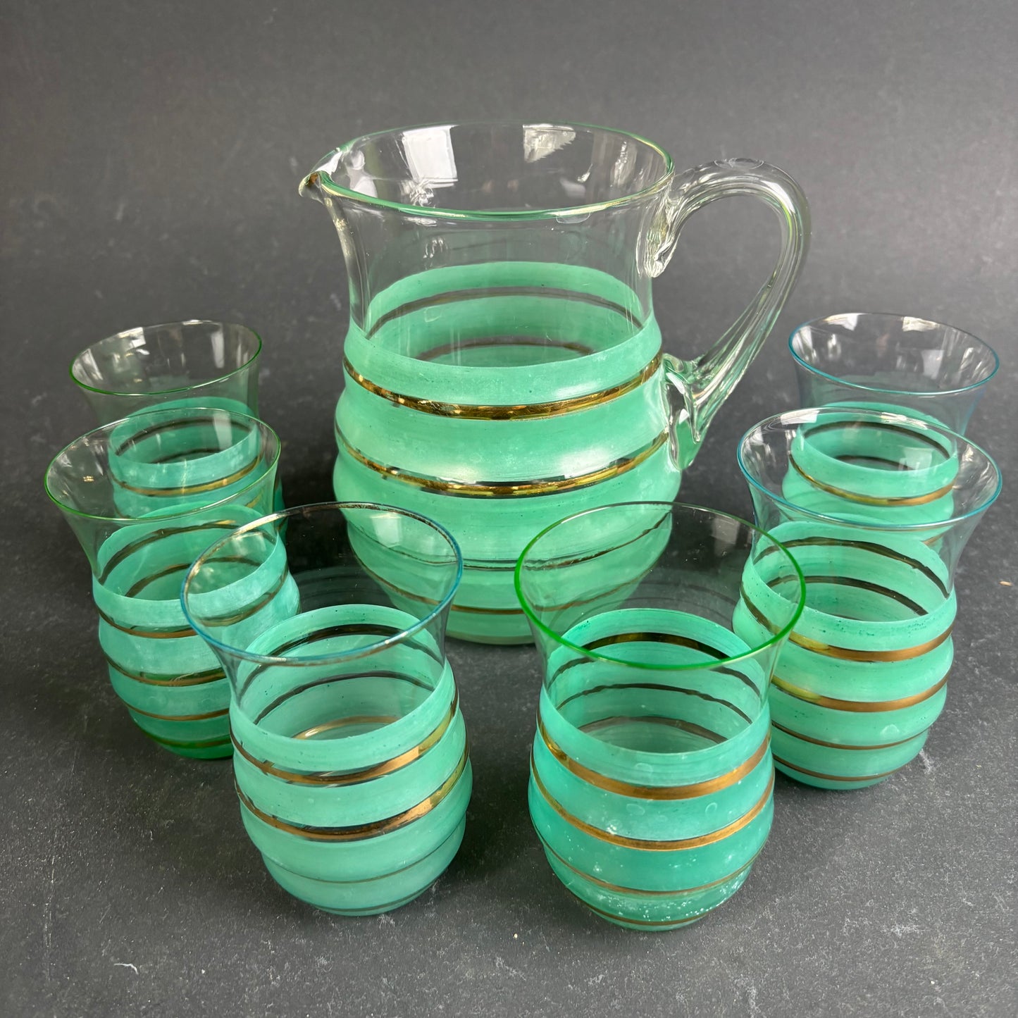 Vintage Mid Century Frosted Green & Gold Lemonade Set