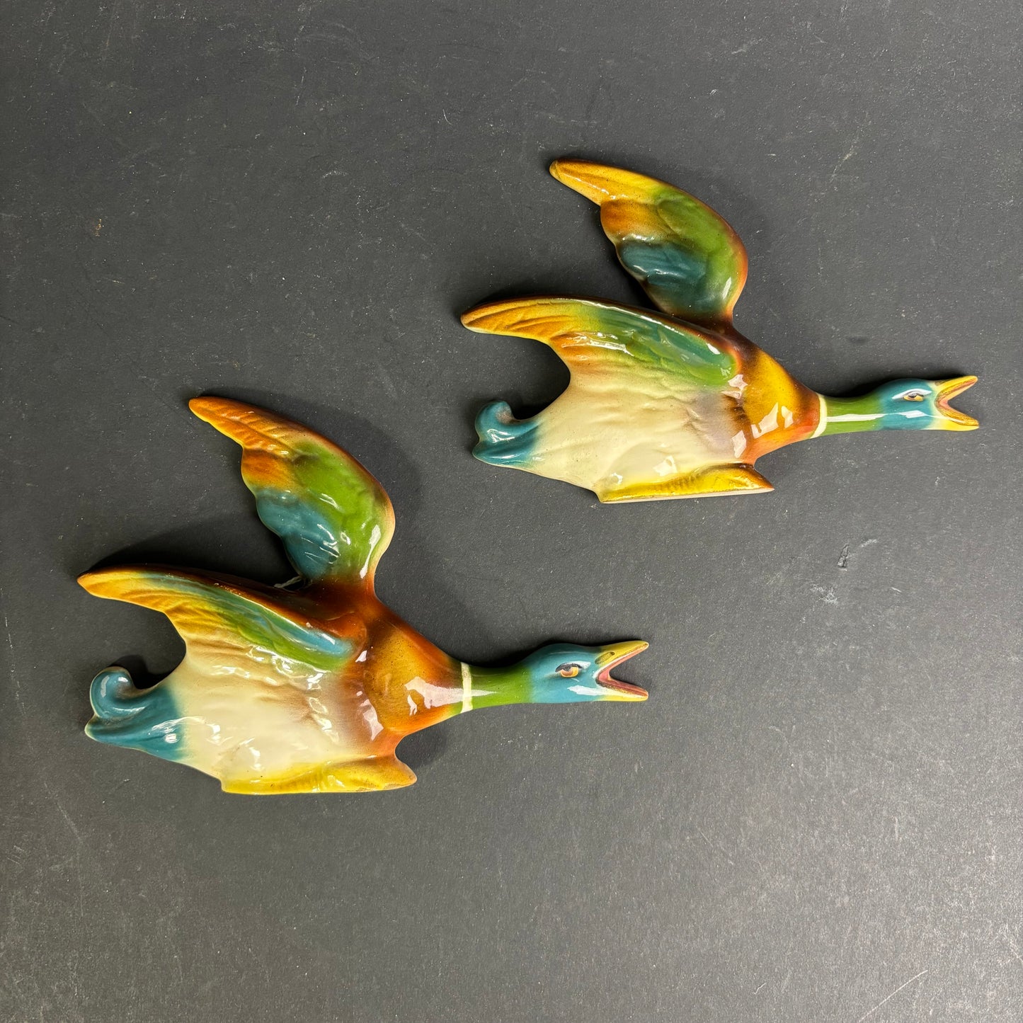 Pair of Vintage Ceramic Flying Ducks Wall Plaques