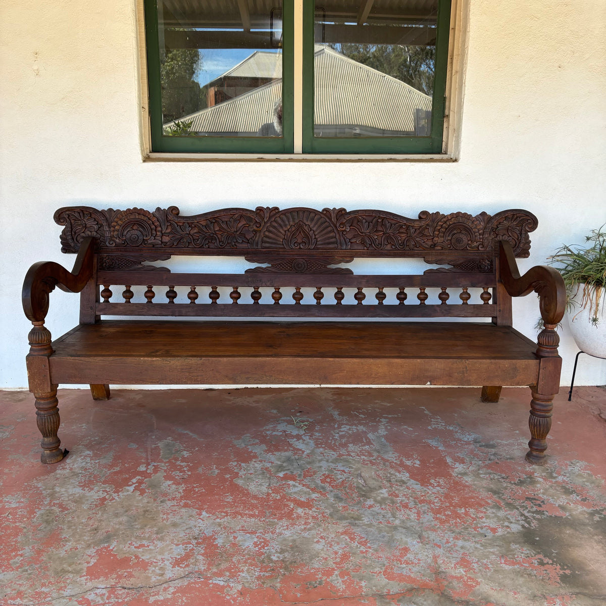 Large Vintage Indonesian Teak Hand-Carved Bench 204cm
