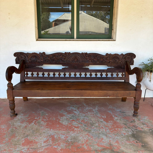 Large Vintage Indonesian Teak Hand-Carved Bench 204cm