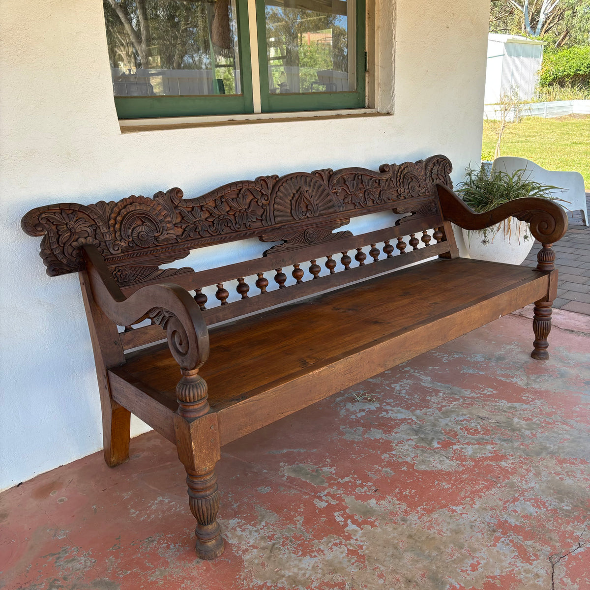 Large Vintage Indonesian Teak Hand-Carved Bench 204cm
