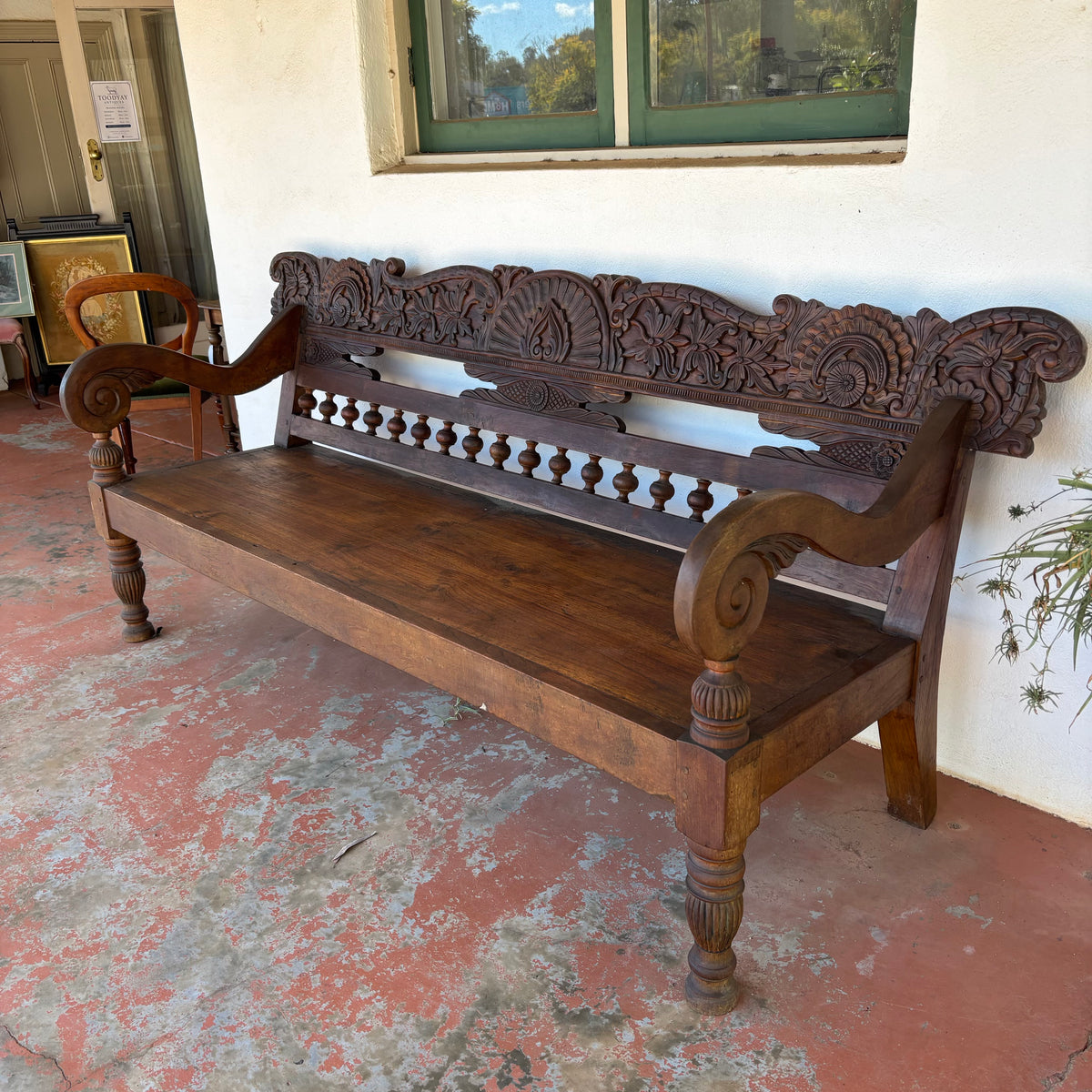 Large Vintage Indonesian Teak Hand-Carved Bench 204cm