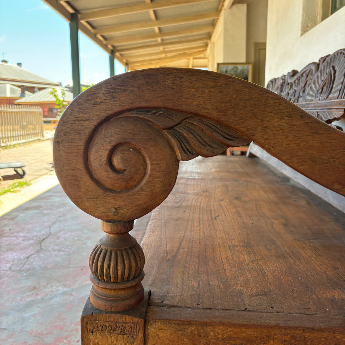 Large Vintage Indonesian Teak Hand-Carved Bench 204cm