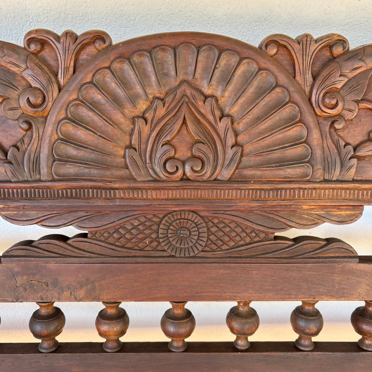 Large Vintage Indonesian Teak Hand-Carved Bench 204cm