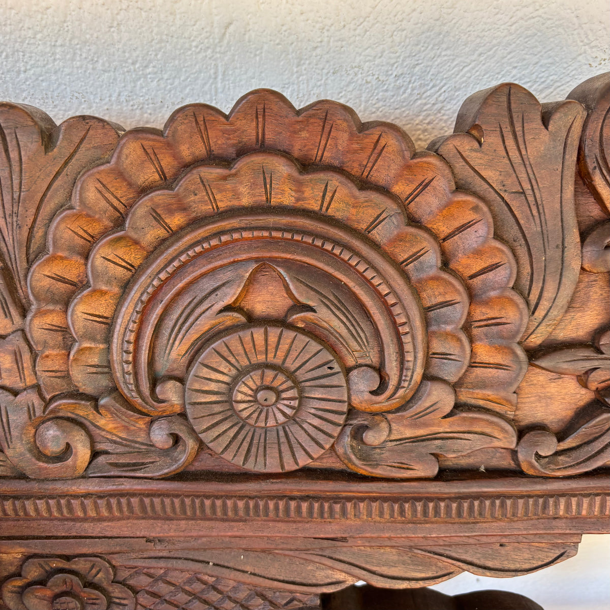 Large Vintage Indonesian Teak Hand-Carved Bench 204cm
