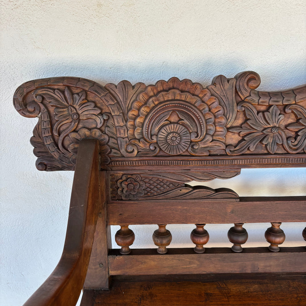 Large Vintage Indonesian Teak Hand-Carved Bench 204cm