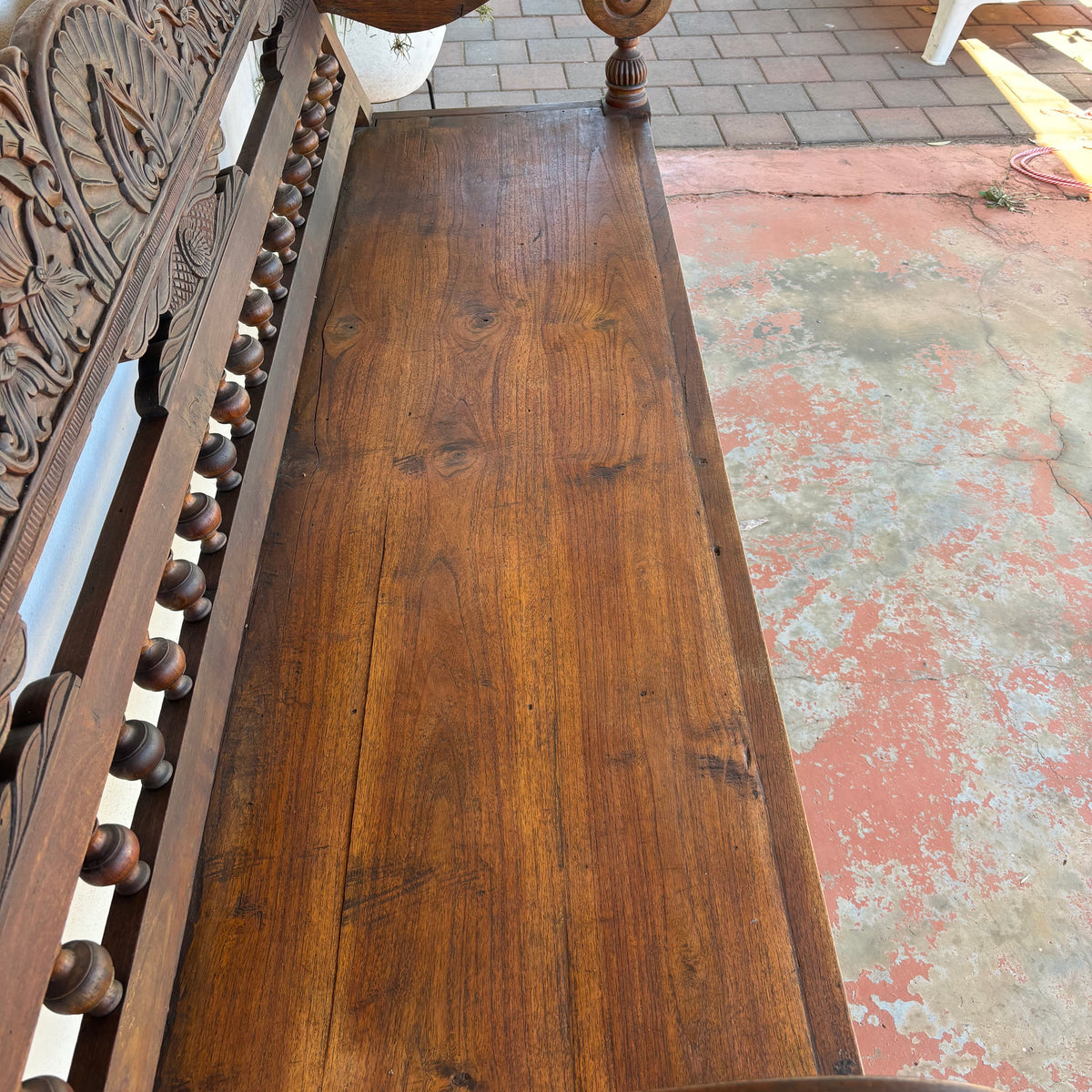 Large Vintage Indonesian Teak Hand-Carved Bench 204cm
