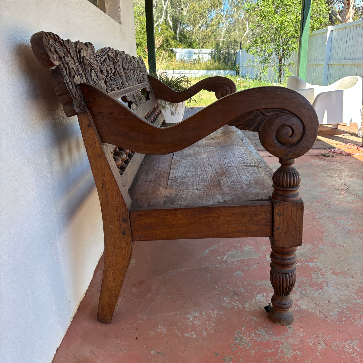 Large Vintage Indonesian Teak Hand-Carved Bench 204cm