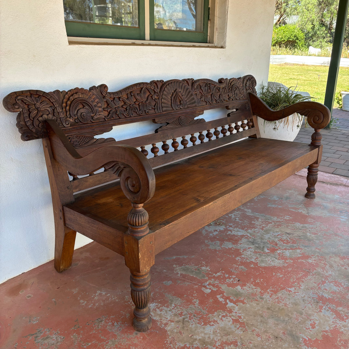 Large Vintage Indonesian Teak Hand-Carved Bench 204cm