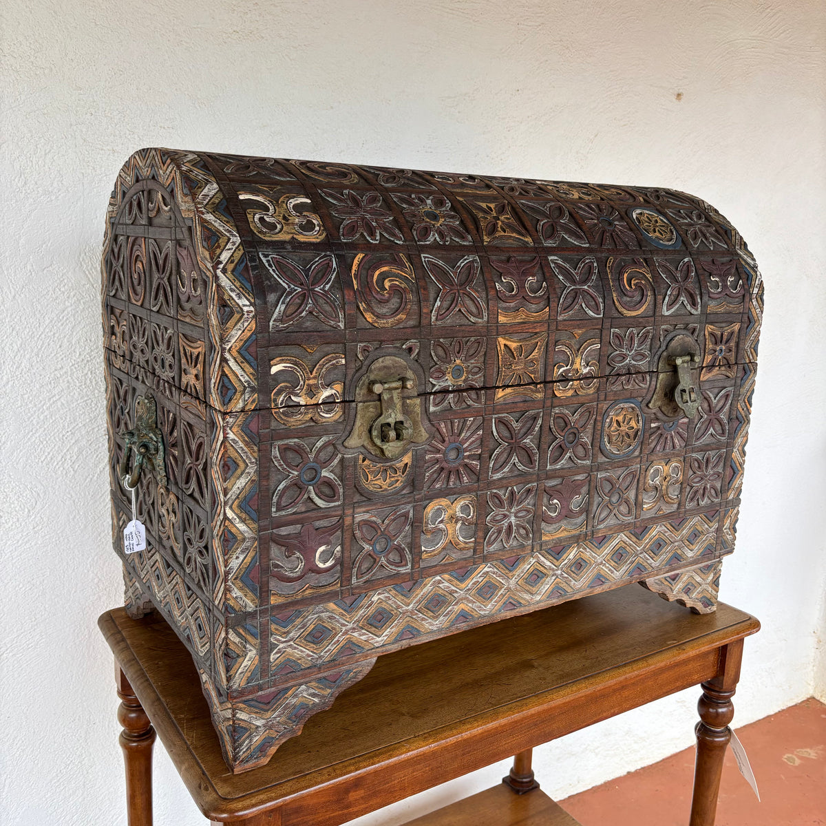 Large Indonesian Carved Polychrome Dome-Top Storage Chest